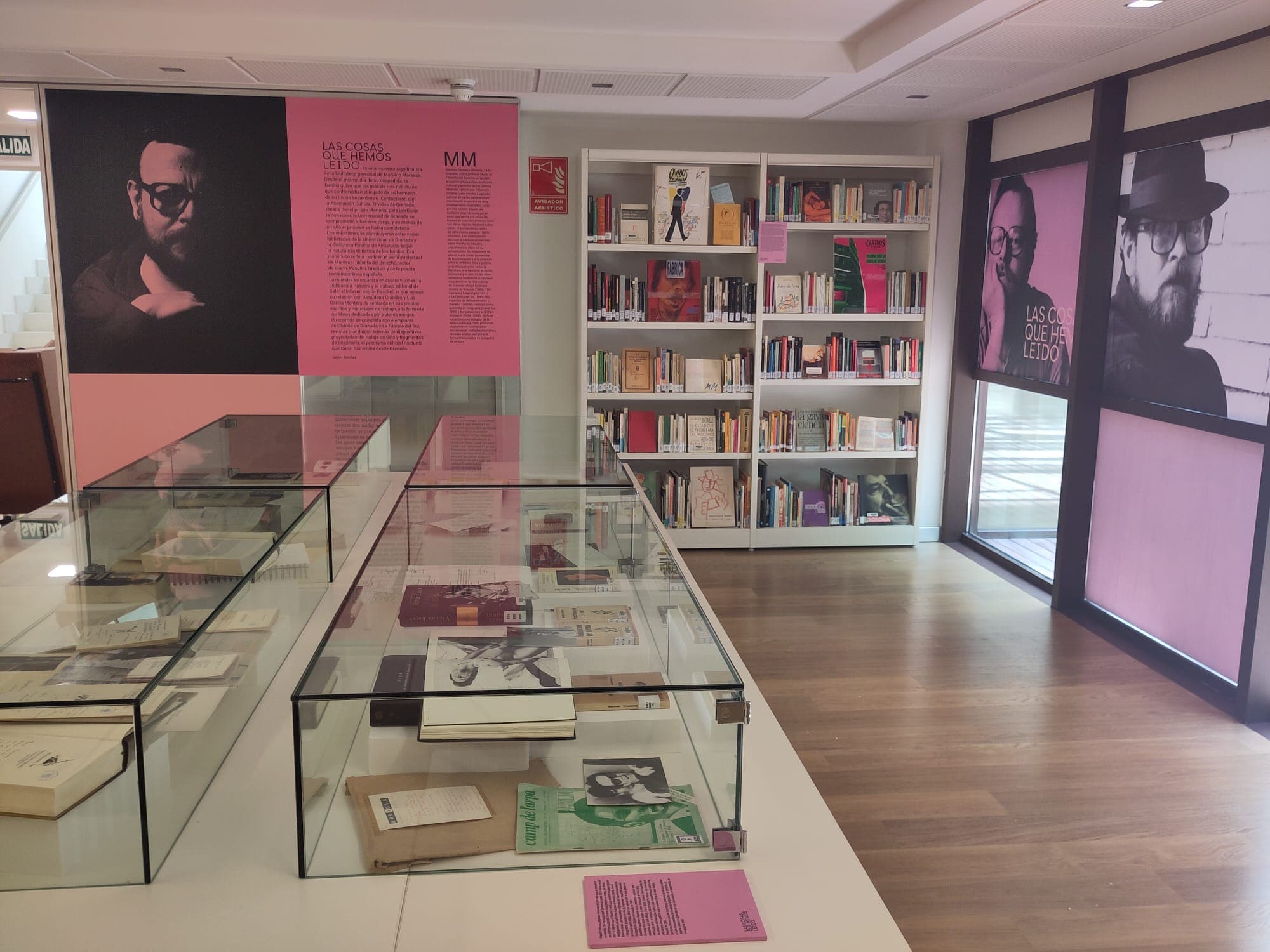 La sala de exposición con paneles y estanterías